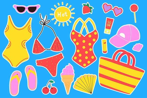Conjunto de verano para pegatinas Elementos de verano coloridos Ilustración vectorial aislada moderna
