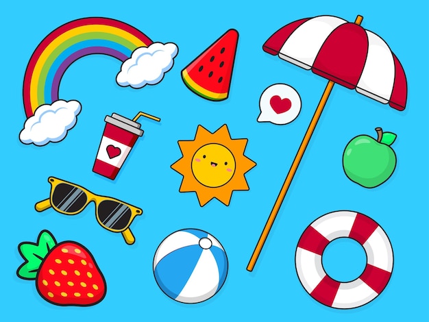 Conjunto de verano Sol y arco iris Sombrilla de playa y gafas de sol Clipart vectorial