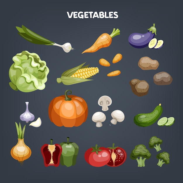 Vector conjunto de verduras. alimentos orgánicos frescos. brócoli y zanahoria