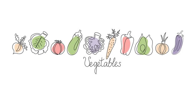 Conjunto de verduras arte de línea Iconos dibujados alimentos vitamínicos Alimentos vegetarianos naturales Alimentación saludable Texto dibujado a mano Ilustración vectorial dibujo boceto