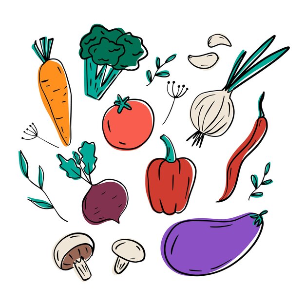 Vector conjunto de verduras cebolla dibujada a mano ajo brócoli tomate pimientos zanahorias champiñones remolacha