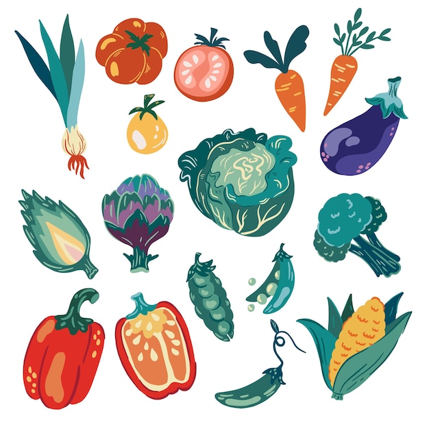 Conjunto de verduras Comida fresca concepto de comida saludable Ilustración de vector plano de dibujos animados