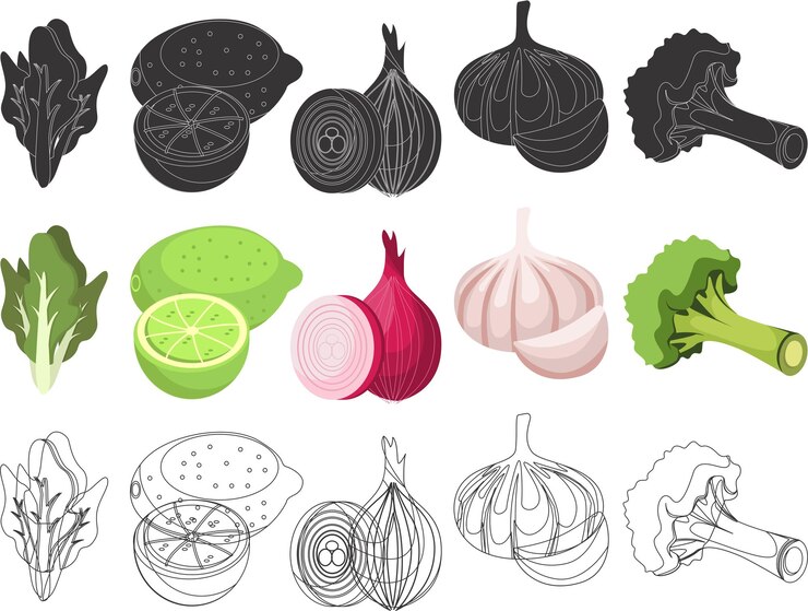 Vector un conjunto de verduras y una de ellas tiene un contorno negro.