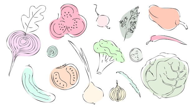Conjunto con verduras en estilo de arte lineal Ilustración vectorial