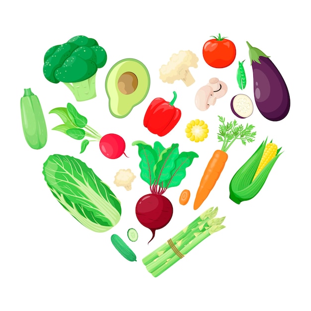 Un conjunto de verduras en forma de corazón sobre un fondo blanco. nutrición saludable. estilo de vida saludable. dieta.