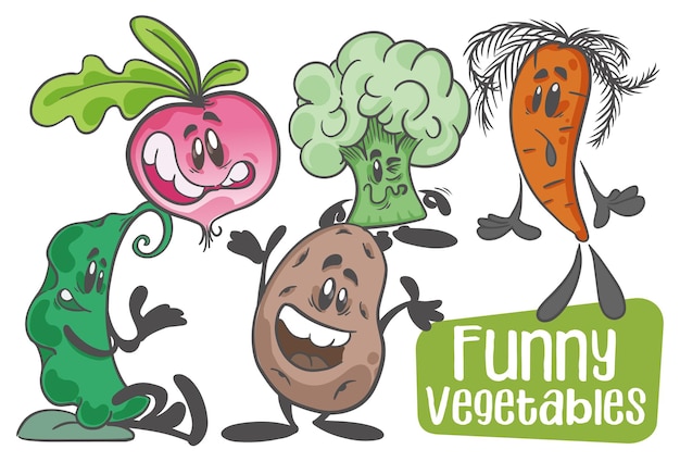 Conjunto de verduras gracioso personaje de dibujos animados vector fondo aislado