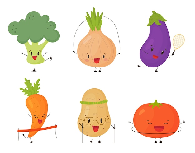 Vector conjunto de verduras lindas haciendo deporte comer sano y deporte conjunto de vectores de caracteres de verduras lindas