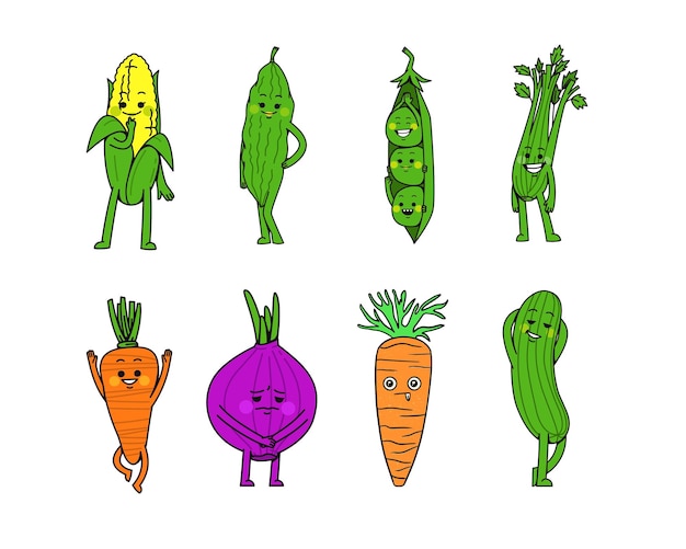 Conjunto de verduras Lindos personajes de dibujos animados Ilustración vectorial