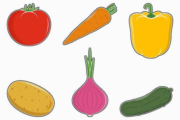 Conjunto de verduras tomate zanahoria pimiento o paprika patata cebolla y pepino colección de iconos ilustración vectorial