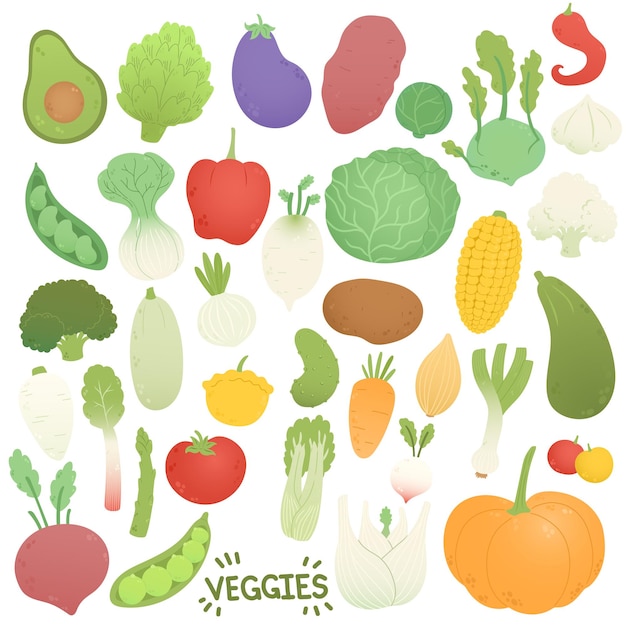 Conjunto de verduras vegetales vectoriales en diseño plano