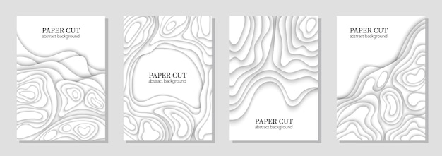Conjunto vertical de 4 volantes blancos con formas de ondas de corte de papel Diseño de diseño de arte de papel abstracto 3D