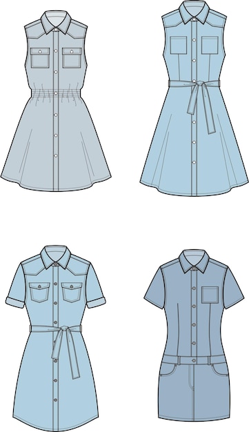 Conjunto vestido vaquero. varios modelos. ilustración vectorial