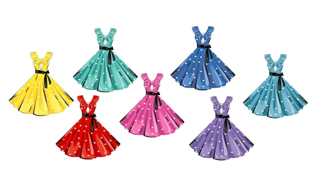 Vector conjunto de vestidos multicolor con lunares