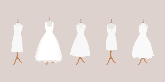 Vector conjunto de vestidos de novia de diferentes estilos diseño de novia de moda colección de silueta de vestido blanco
