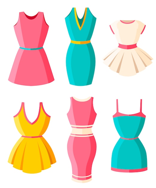 Conjunto de vestidos. ropa para dama. vestidos de verano de colores  brillantes para mujer. . ilustración sobre fondo blanco. página del sitio  web y aplicación móvil.