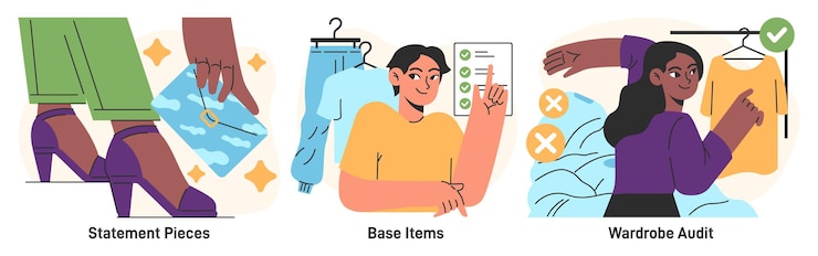 Vector conjunto de vestuario de cápsula personaje elige o recopila conjuntos de ropa haciendo combinación de ropa básica