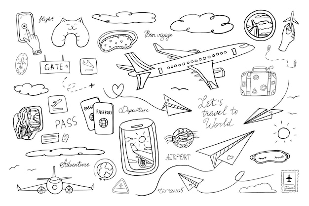Conjunto de viaje en estilo doodle Maleta equipaje avión billete de avión tarjeta postal tarjeta de embarque de vuelo