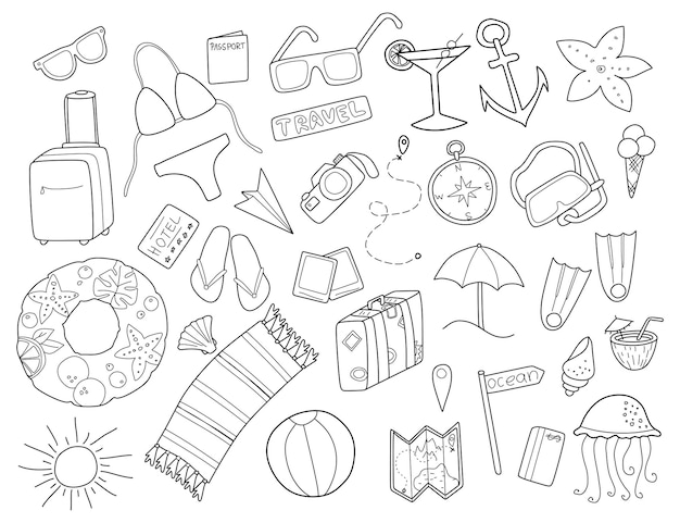 Conjunto de viajes dibujado a mano Elementos de vacaciones de verano Mapa de equipaje Maleta estrella de mar Esbozo de Doodle