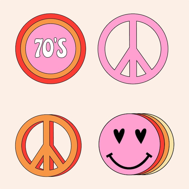 Conjunto de vibraciones de 1970 Smiley y símbolos de paz.