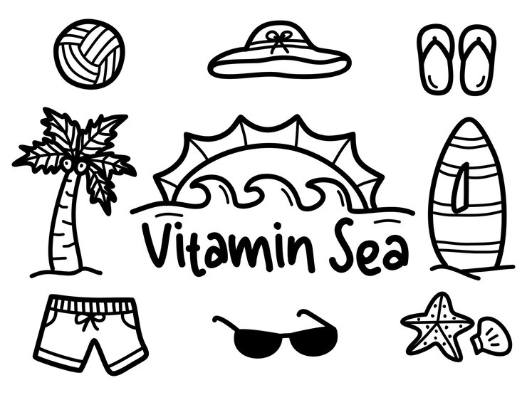 Conjunto de vibraciones marinas de vitaminas dibujadas a mano.