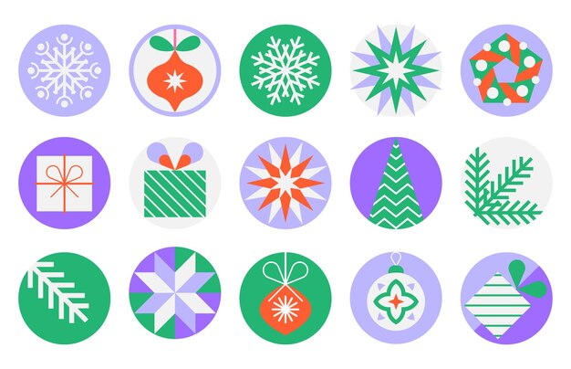Conjunto vibrante de 15 iconos festivos de vacaciones en círculos púrpuras y verdes diseño de Navidad y Año Nuevo