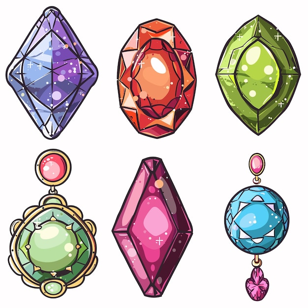 Conjunto de vibrantes gemas de dibujos animados cristales de varias formas colores joyas de fantasía activos del juego aislados blanco
