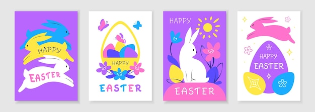 Conjunto de vibrantes tarjetas de felicitación de Pascua con conejo y huevos coloridos sobre fondo blanco