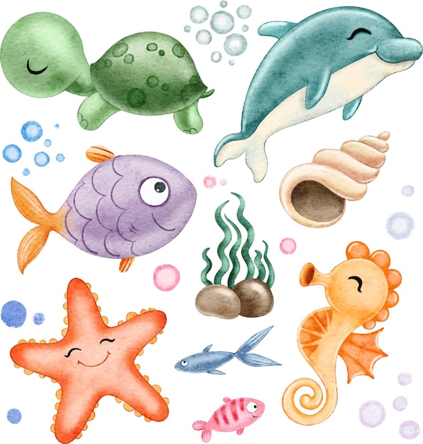 Vector conjunto de vida marina, tortugas, delfín, pez, estrella de mar, caballito de mar, piedras, algas aisladas en blanco