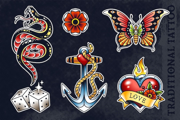 Conjunto de la vieja escuela más popular: serpiente, flor, mariposa, dados, ancla y corazón con llama.