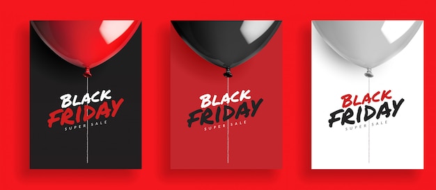 Conjunto de viernes negro super venta fondo, globos con cuerda. diseño para tarjeta de banner publicitario