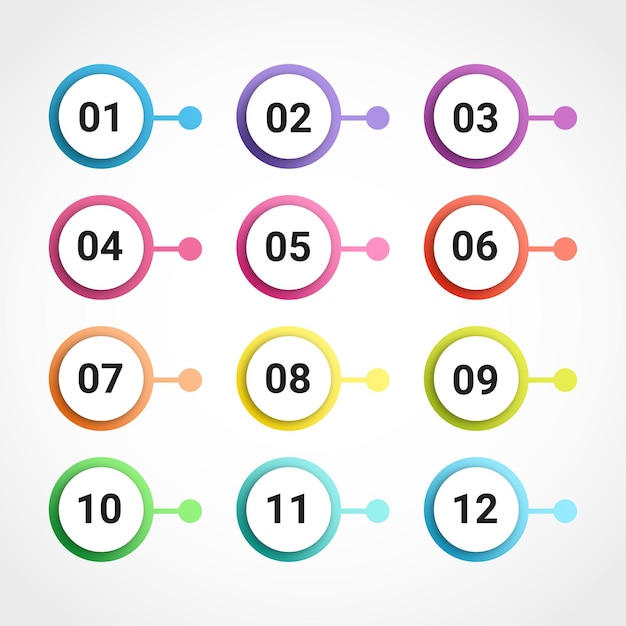 Conjunto de viñetas coloridas y numeración para elementos infográficos visualización de datos y presentaciones