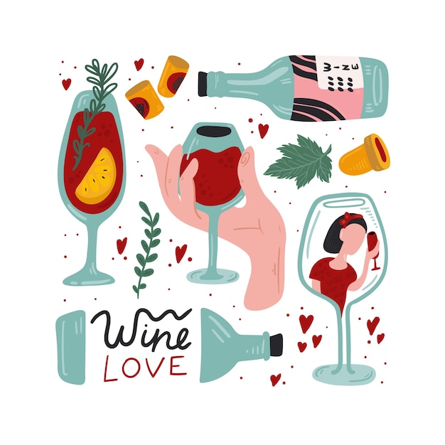 Conjunto de vino tinto. ilustración de vector aislado.