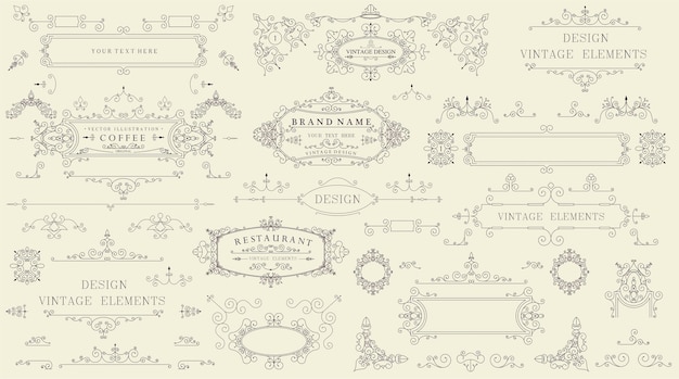 Conjunto vintage decorativo de elementos caligráficos finos. Bordes, marcos, divisores, adornos.