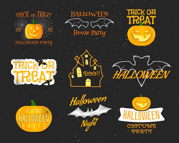 Conjunto de vintage happy halloween insignias, etiquetas, logotipos. murciélago, elementos de calabaza.