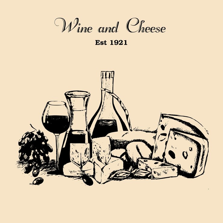 Vector conjunto vintage vector dibujado a mano de queso y vino en estilo grunge