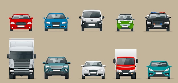 Conjunto de vista frontal del coche. Circulación de vehículos en la ciudad. Ilustración de dibujos animados de estilo plano vectorial aislada sobre fondo gris.