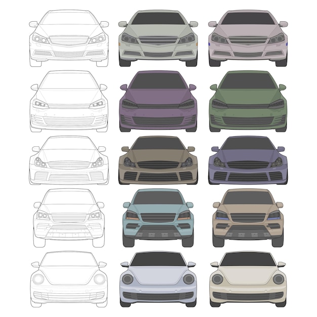 Conjunto de vista frontal Ilustración vectorial de automóvil de color resaltado aislado sobre fondo blanco