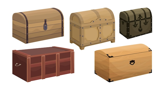 Conjunto de vista lateral de cofres de madera de vintage en estilo de dibujos animados. grandes cofres para tesoros y piratas, así como para guardar cosas o productos