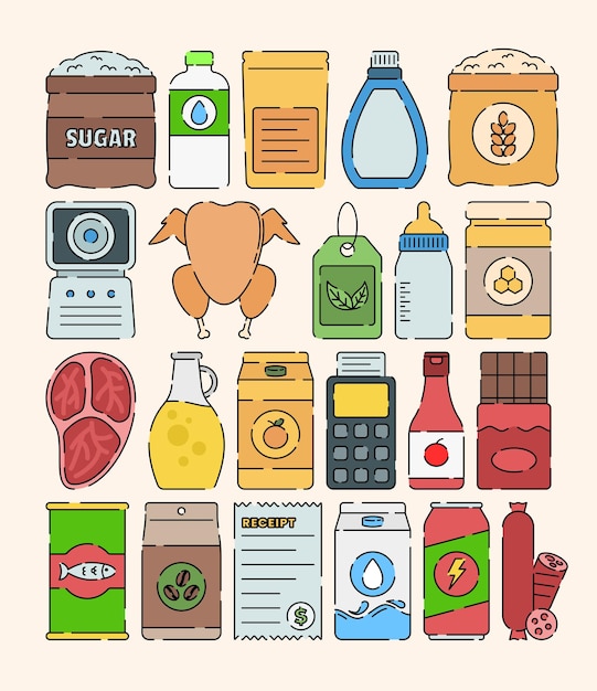 Un conjunto visualmente atractivo de iconos de alimentos y bebidas en estilo de diseño plano que destaca una variedad de