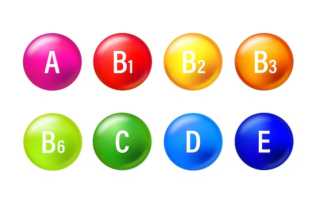Conjunto de vitamina de color Vitamina A B1 B2 B3 B4 CDE Cápsulas de multivitaminas aisladas en azul