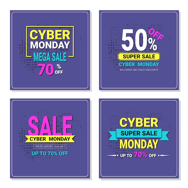 Conjunto de volantes de cyber monday square o diseño de banners de mega sale