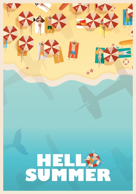 Conjunto de volantes de viajes de verano con artículos de playa y olas. Vista superior. ilustración vectorial