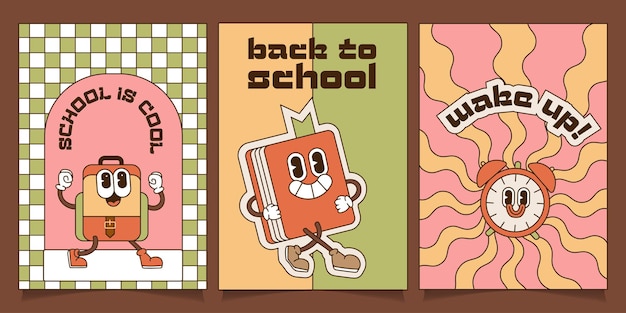 Conjunto de vuelta a la escuela una colección de pancartas en estilo vintage groovy de carteles con libro de mochila y