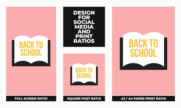 Conjunto de vuelta a la escuela para redes sociales y proporciones de impresión Conjunto vectorial de redes sociales