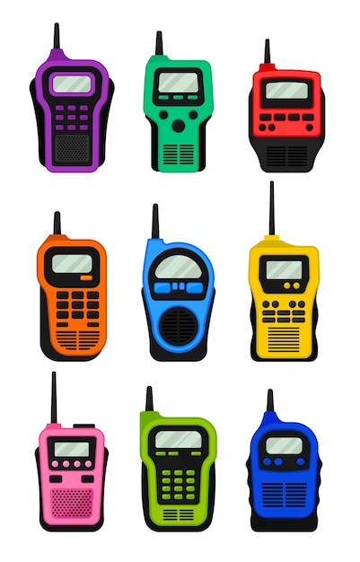 Vector conjunto de walkietalkies multicolores con una ilustración vectorial de antena