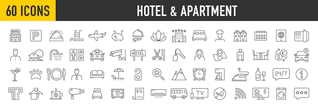 Vector conjunto web de 60 iconos web de hoteles y apartamentos en estilo lineal reserva de alquiler de hoteles reserva de salas de estacionamiento servicio de viajes colección de aeropuerto ilustración vectorial