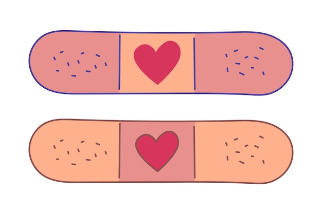 Conjunto de yeso con un corazón cure con amor parches ayuda rápida bandaid cuidado conceptual doodle aislado.