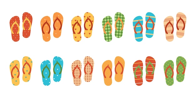 Conjunto de zapatillas de color con diferentes patrones Colección de zapatillas para vacaciones Sandalias de playa Ilustración plana vectorial aislada sobre fondo blanco