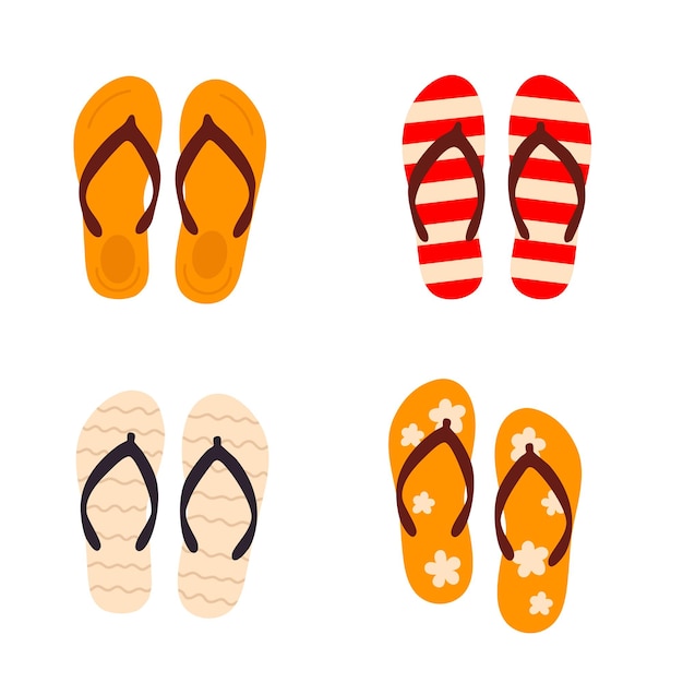 Conjunto de zapatillas de playa y sandalias de colores rojo brillante, naranja y amarillo