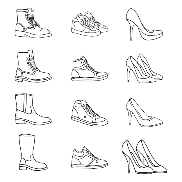 Conjunto de zapatos en estilo doodle Ilustración vectorial sobre un fondo blanco